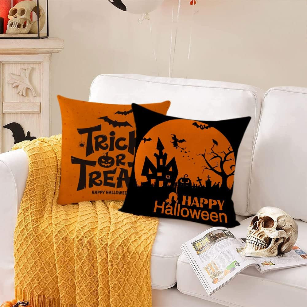 Halloween Decor Pillow Covers 16X16 Set of 4 Halloween Fall Black Decorative Throw Pillows Scary Pumpkin Bats Pillow Cases Home Outdoor Sofa Couch Cushion Covers for Halloween Decorations (16 by 16)